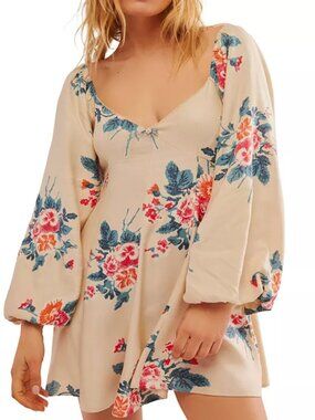 Free People Beige Pink Bubble Sleeve Rosette Floral Print Mini Dress - Size XS